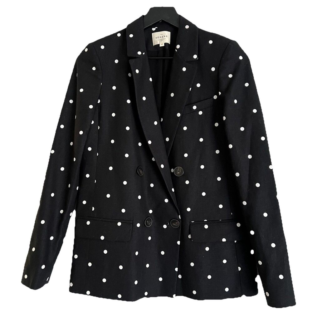Sézane Christie Polka Dot Linen Double Breasted Blazer Size 36 Black